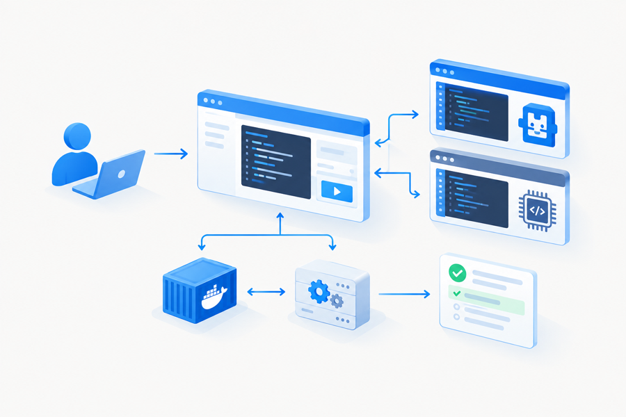 Embedding programming IDEs into testing software: illustration of an in-browser IDE, compiler, and autograding pipeline