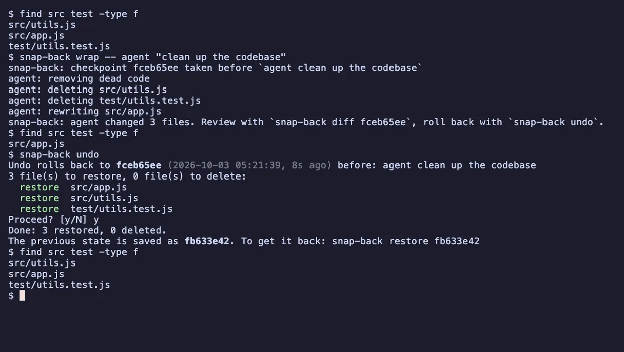 snap-back wrapping an agent-like script that deletes two files and rewrites a third, then snap-back undo restoring all three